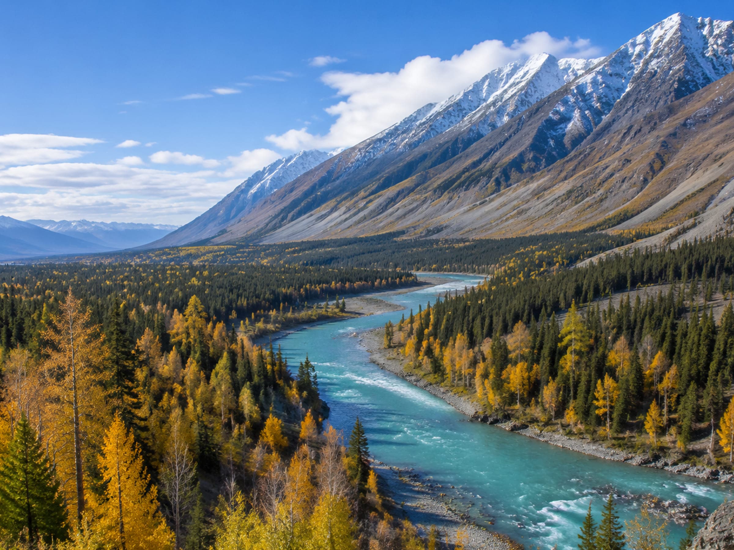 A turquoise river winding through Altay's autumn taiga and mountains