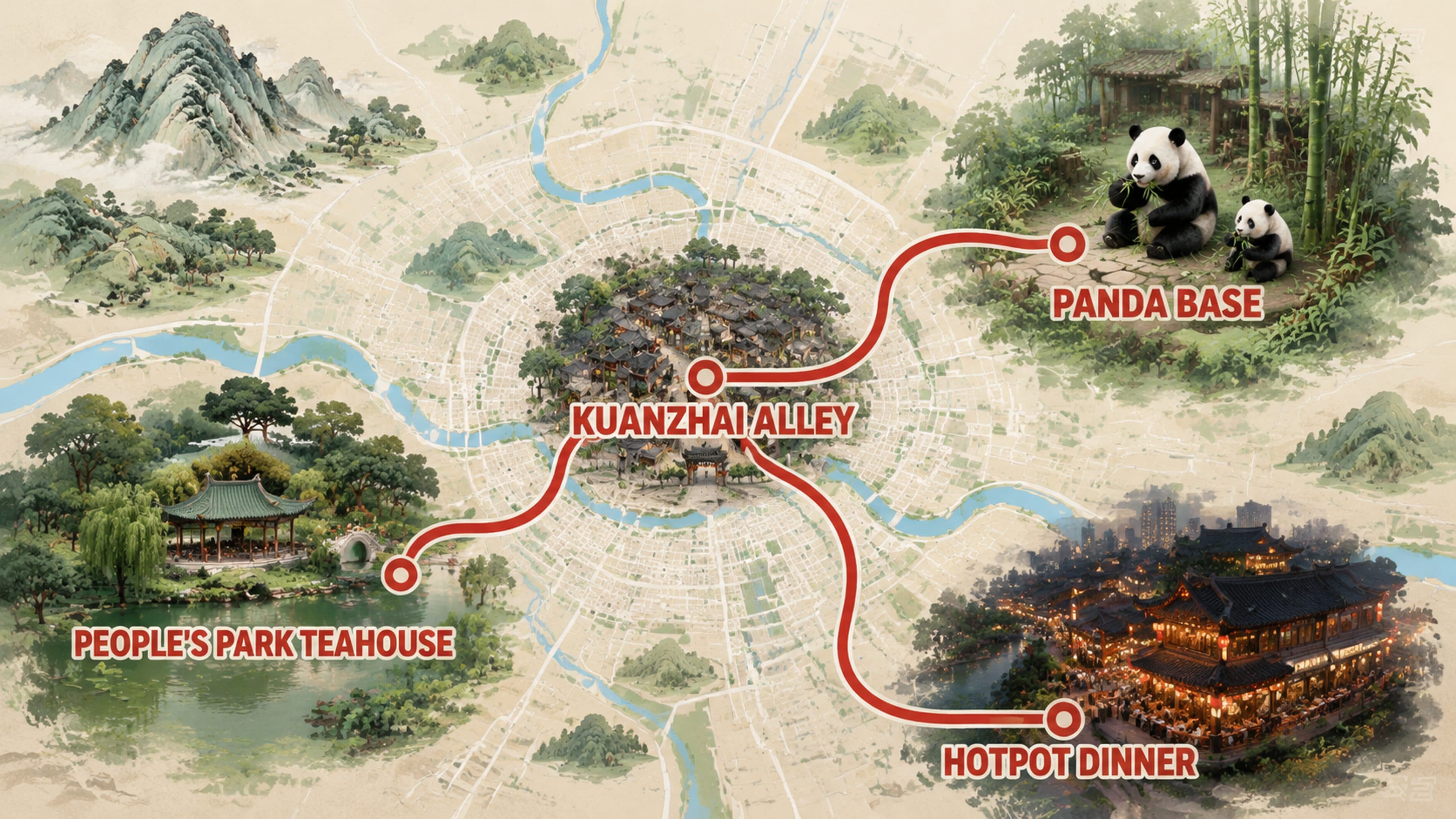 Chengdu travel area relationship map in English