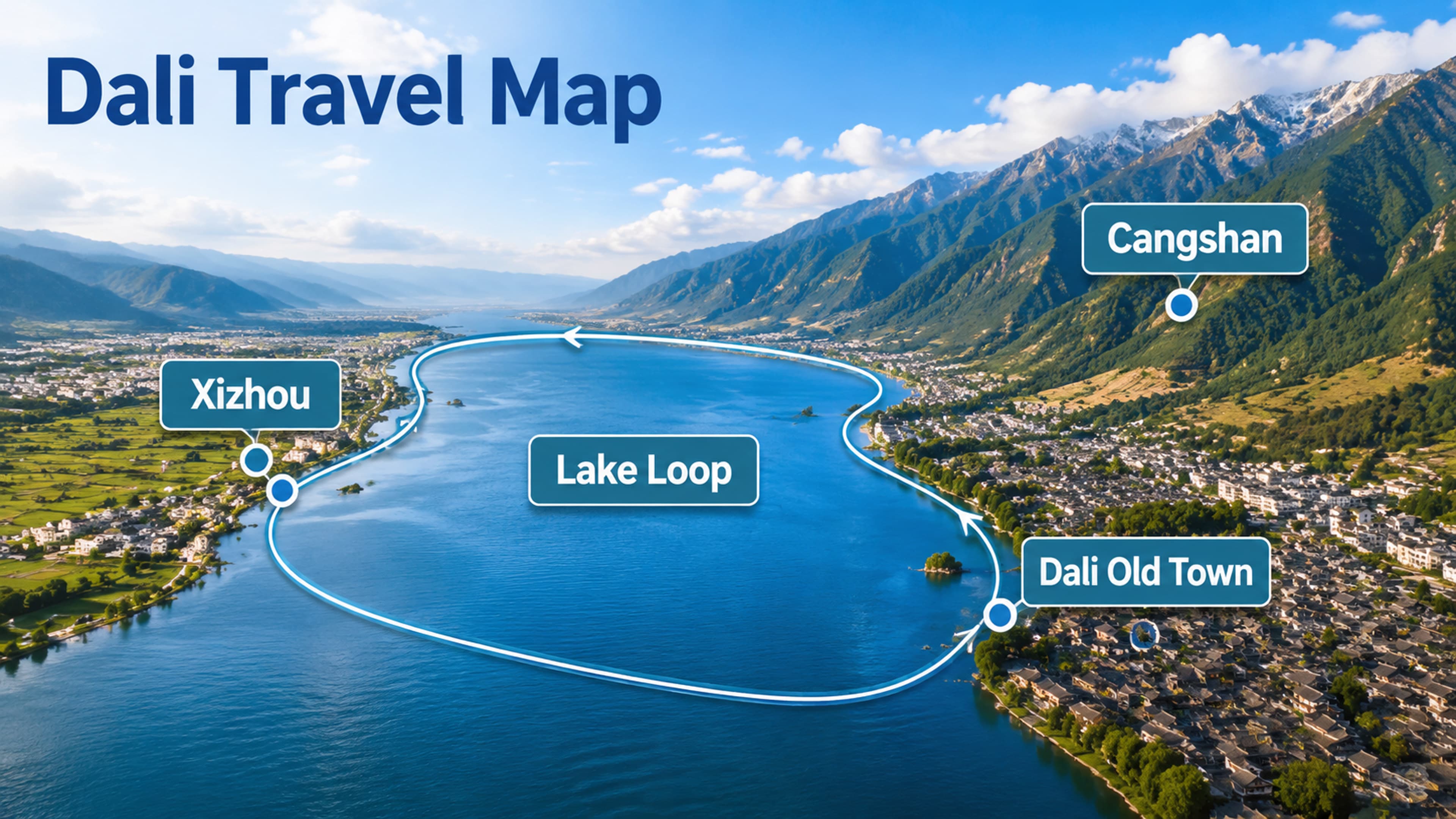 Dali travel area relationship map in English