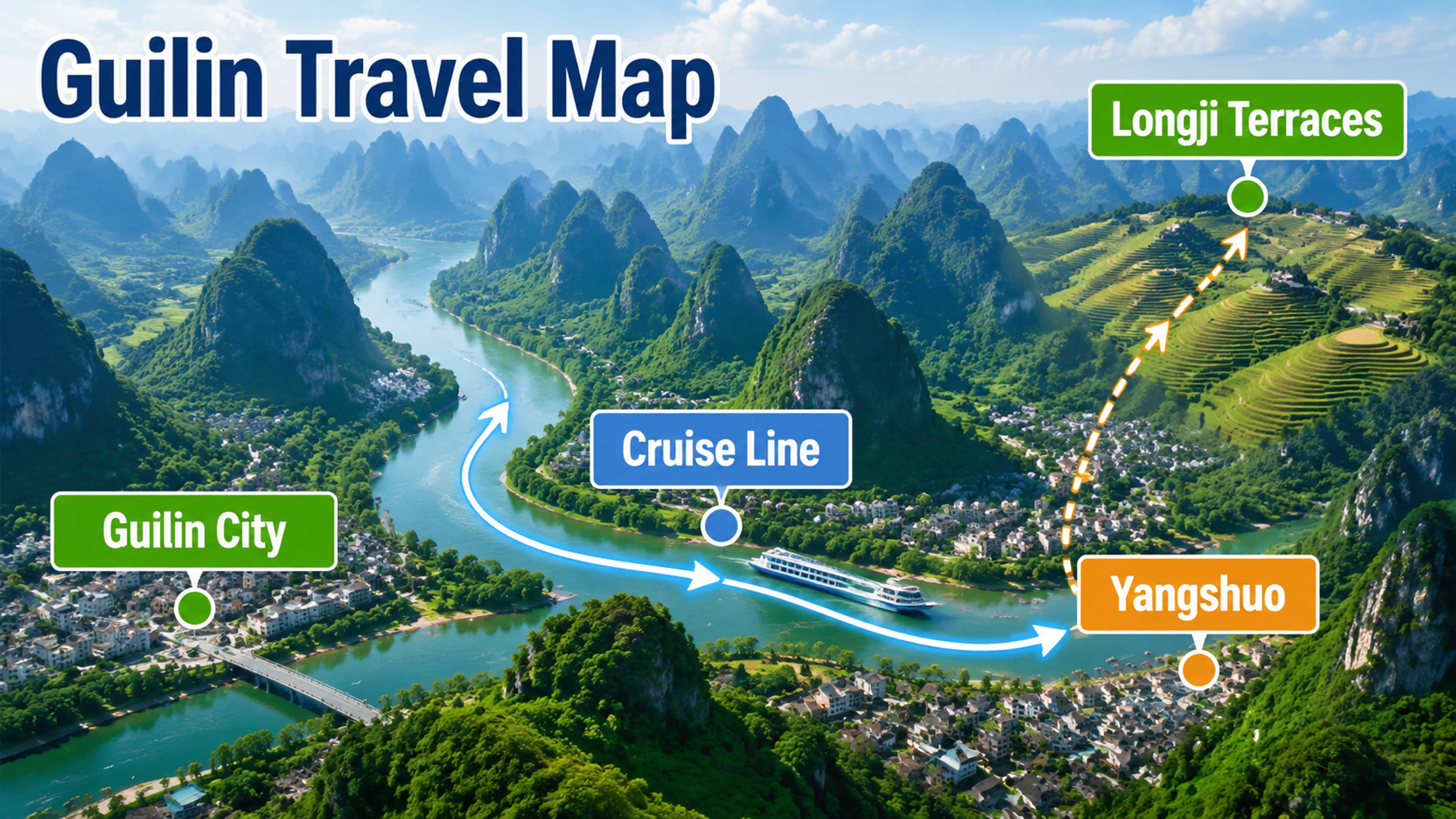 Guilin travel area relationship map in English