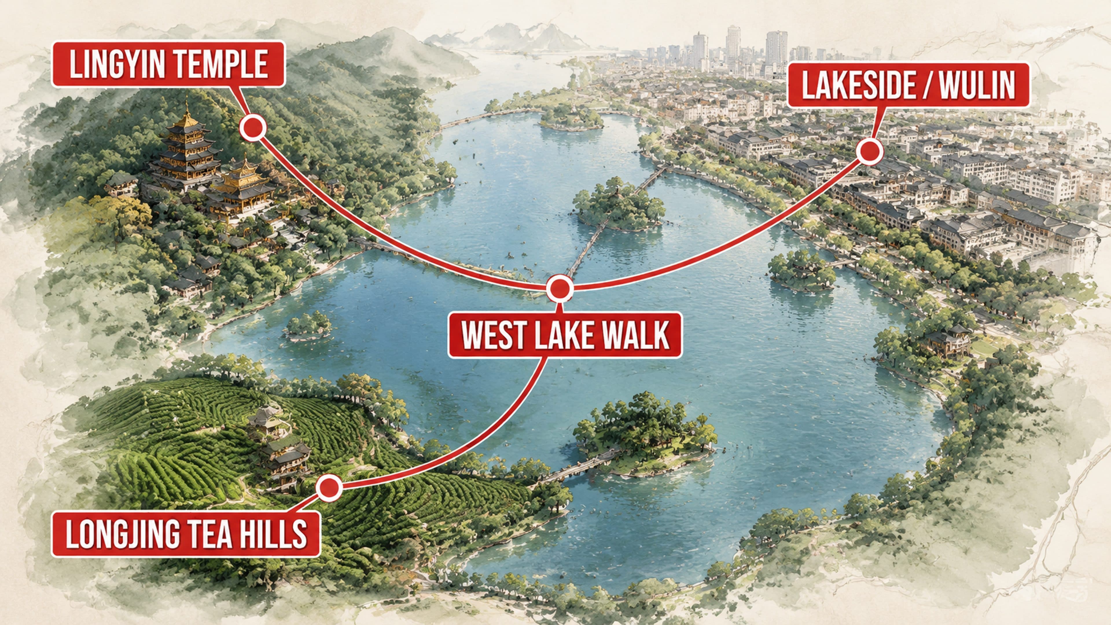 Hangzhou travel area relationship map in English