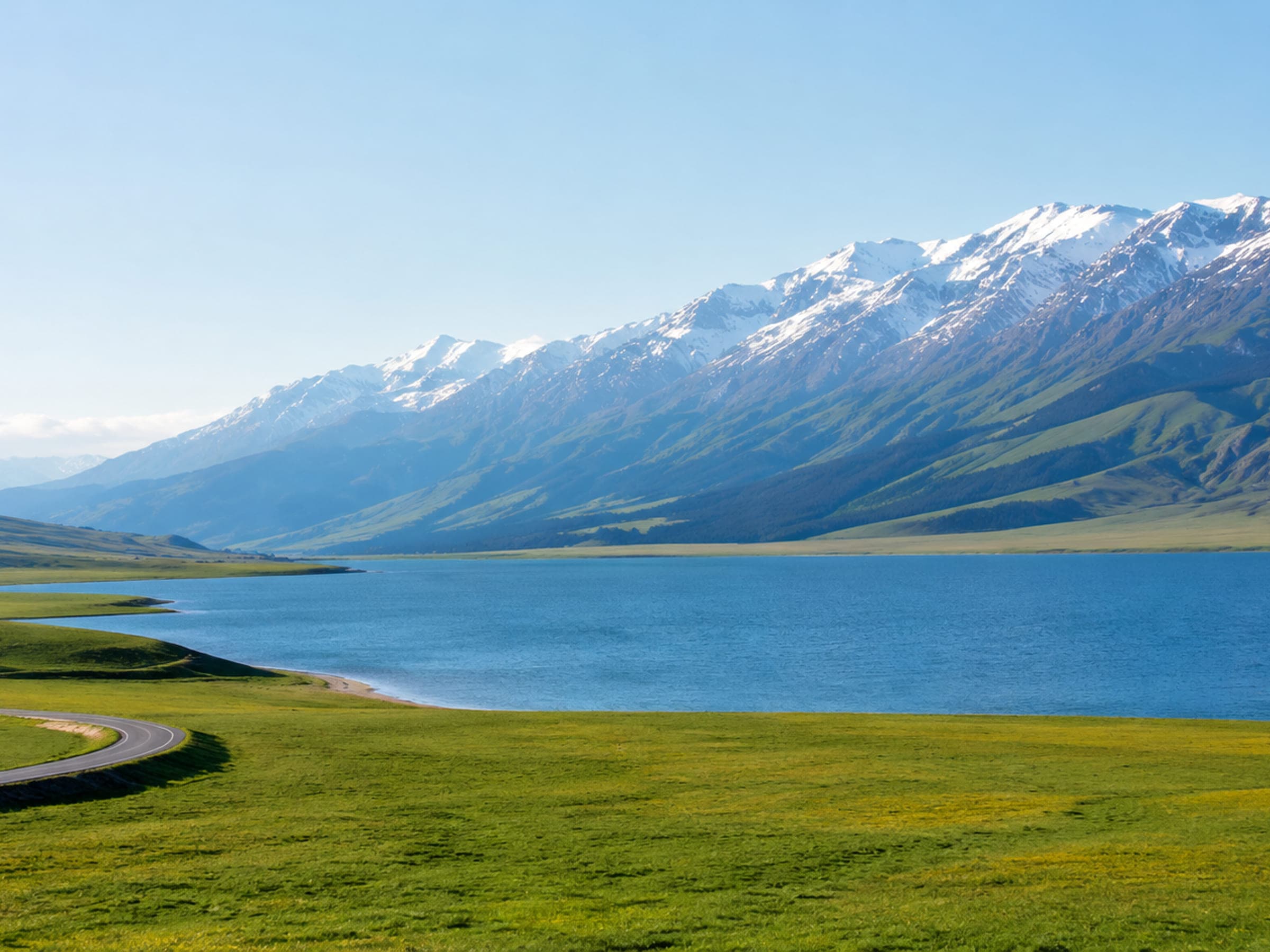 An alpine lake, grassland, and snow mountains in the Ili valley
