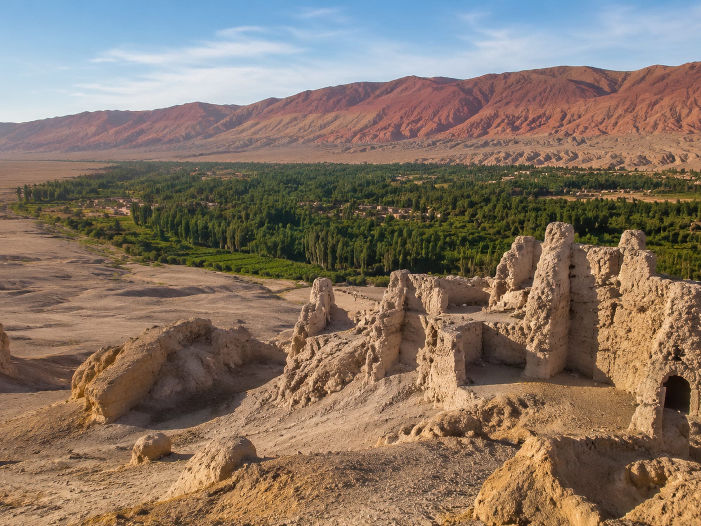 Earthen ruins above an oasis and red mountains in the Turpan basin