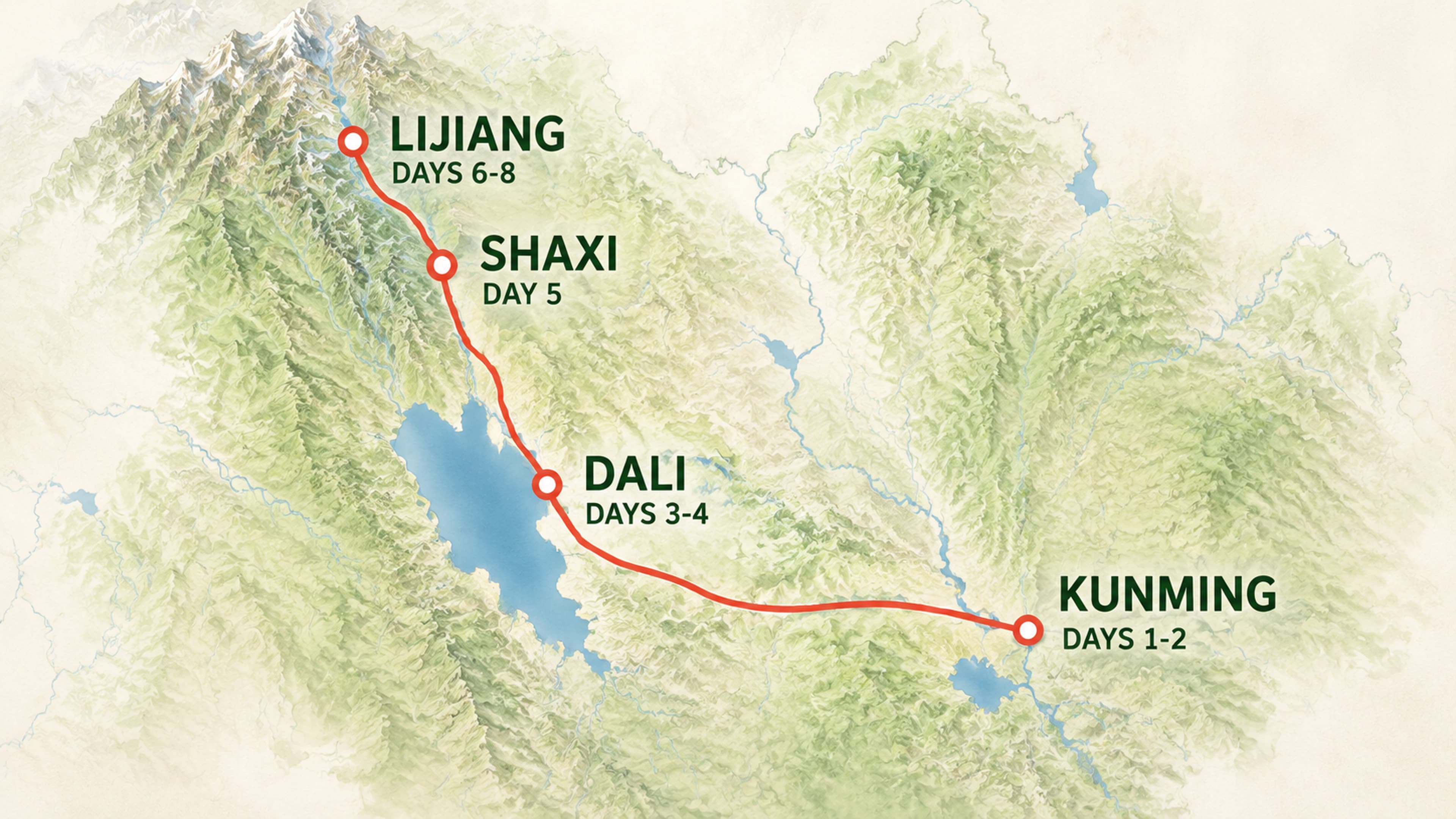 English Yunnan route map from Kunming to Dali, Shaxi, and Lijiang