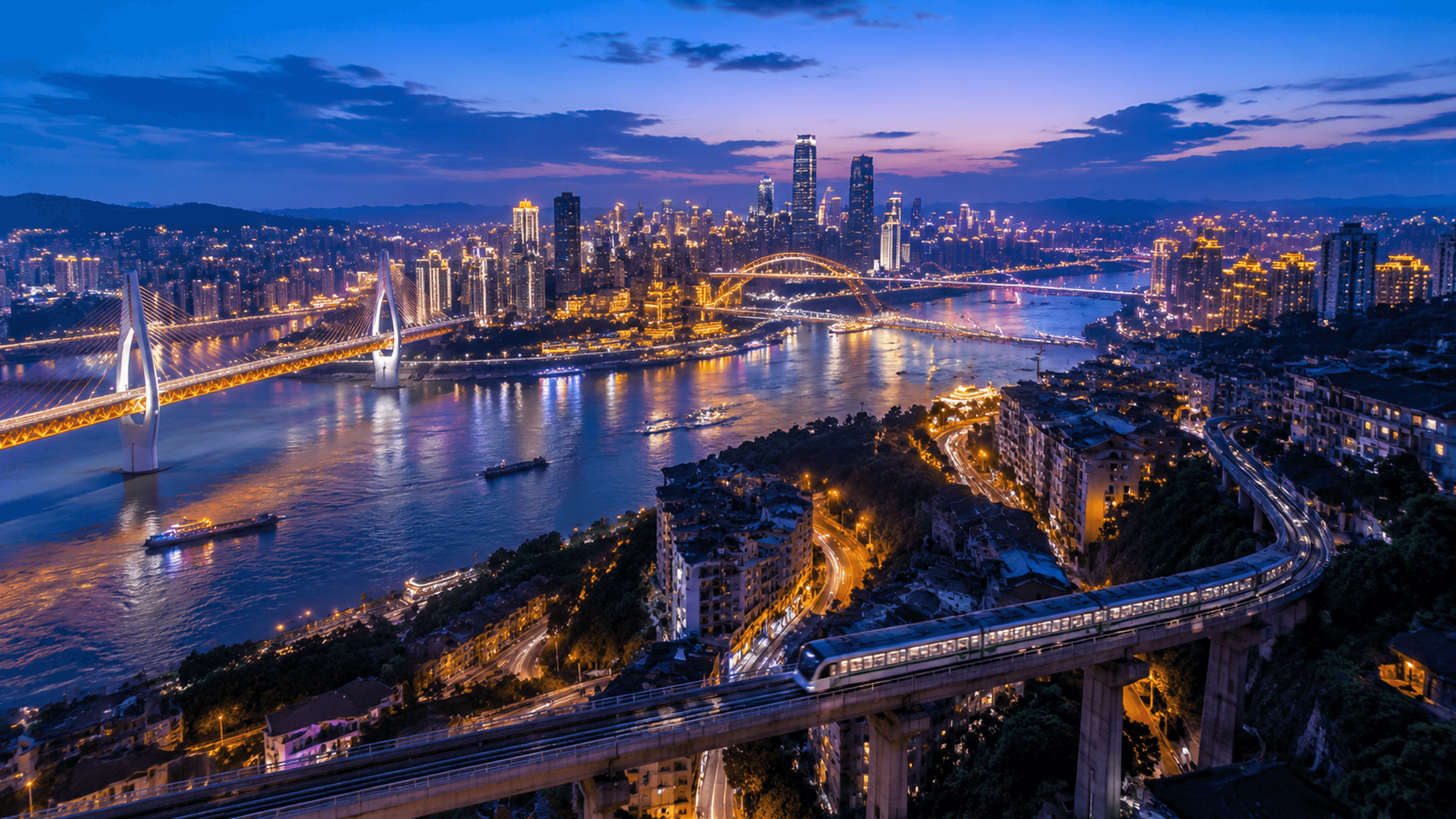 Chongqing at night with rivers, bridges, and layered urban rail