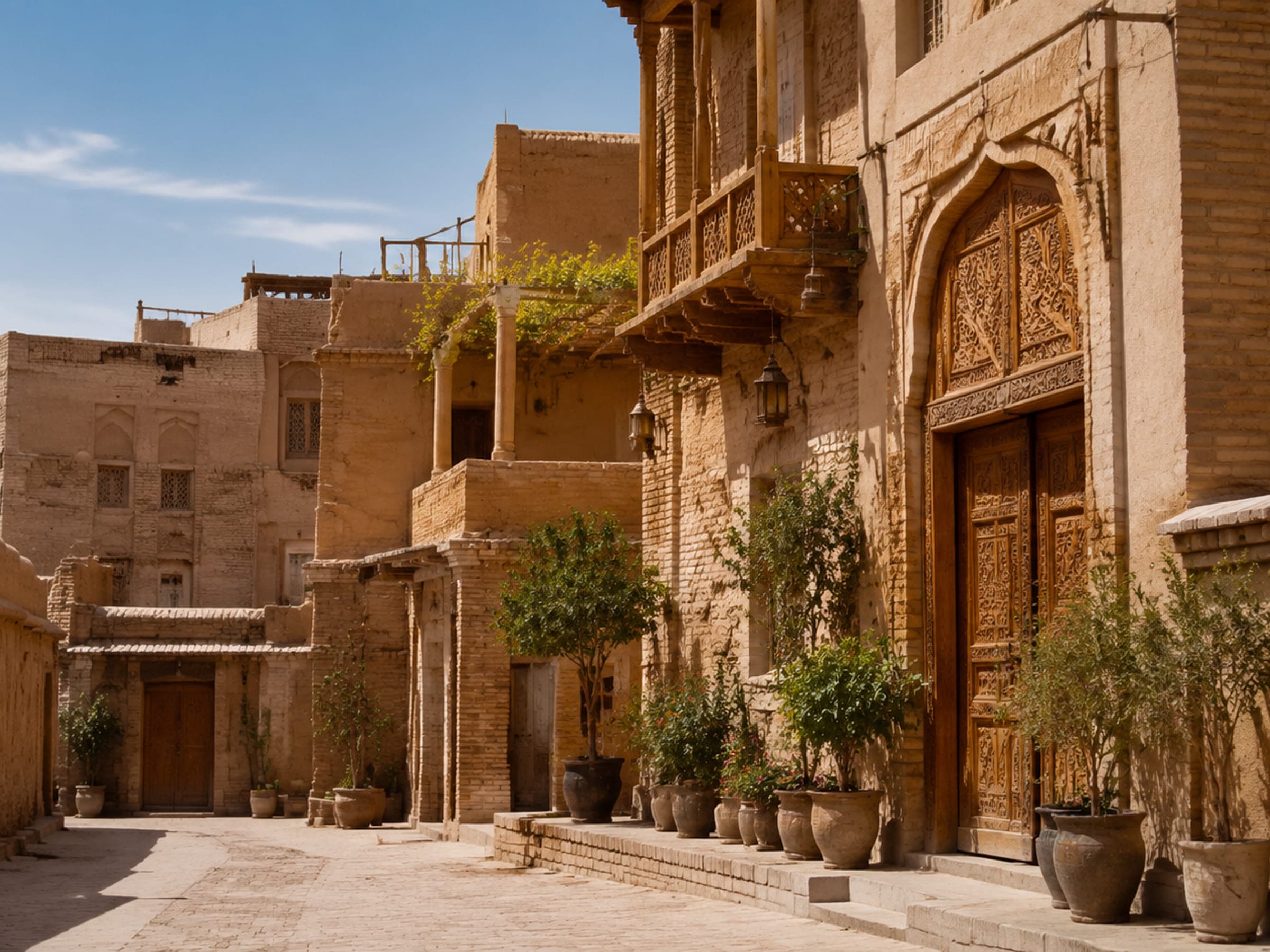 A sunlit lane of earthen homes in Kashgar's old city