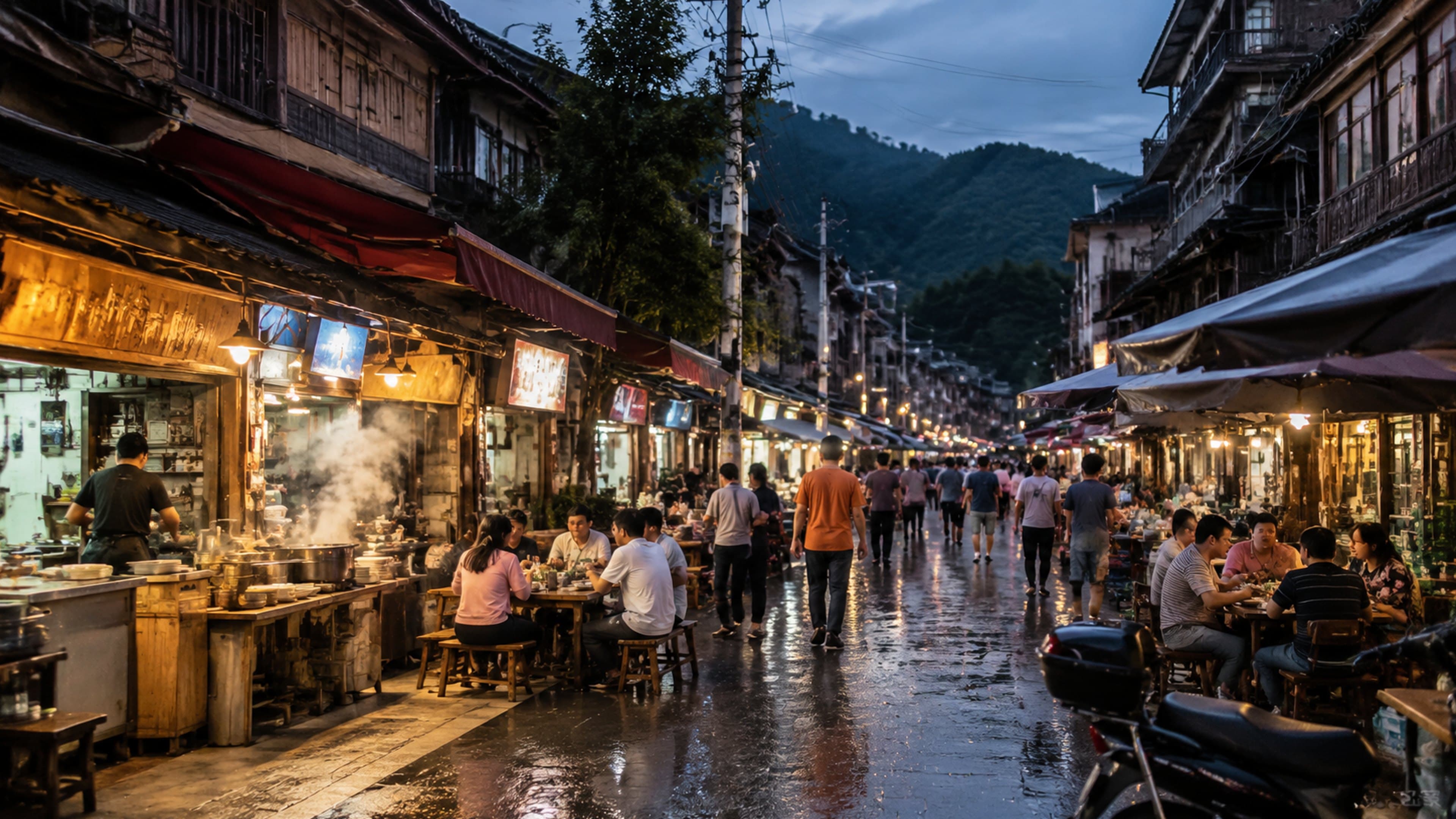 Zhangjiajie evening food street used as a calm route reset