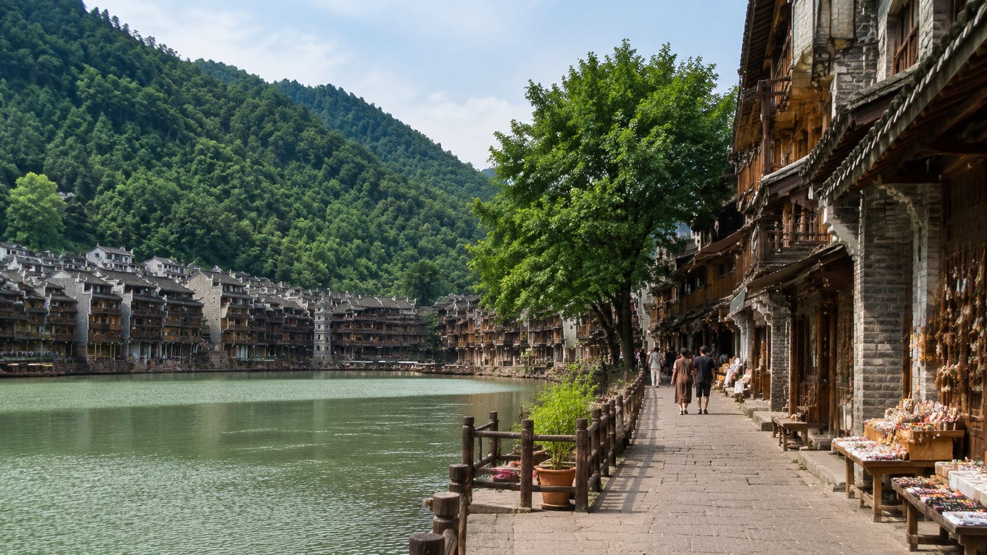 Fenghuang Ancient Town riverside lanes and wooden stilt houses by day