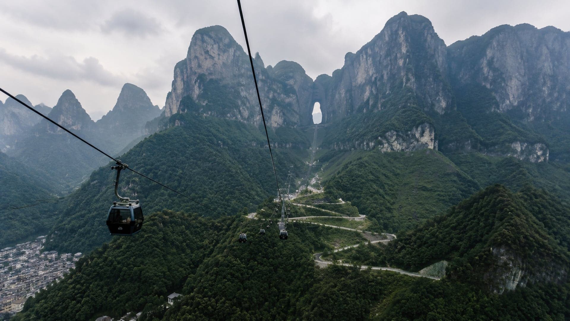 Tianmen Mountain cableway and mountain road above Zhangjiajie