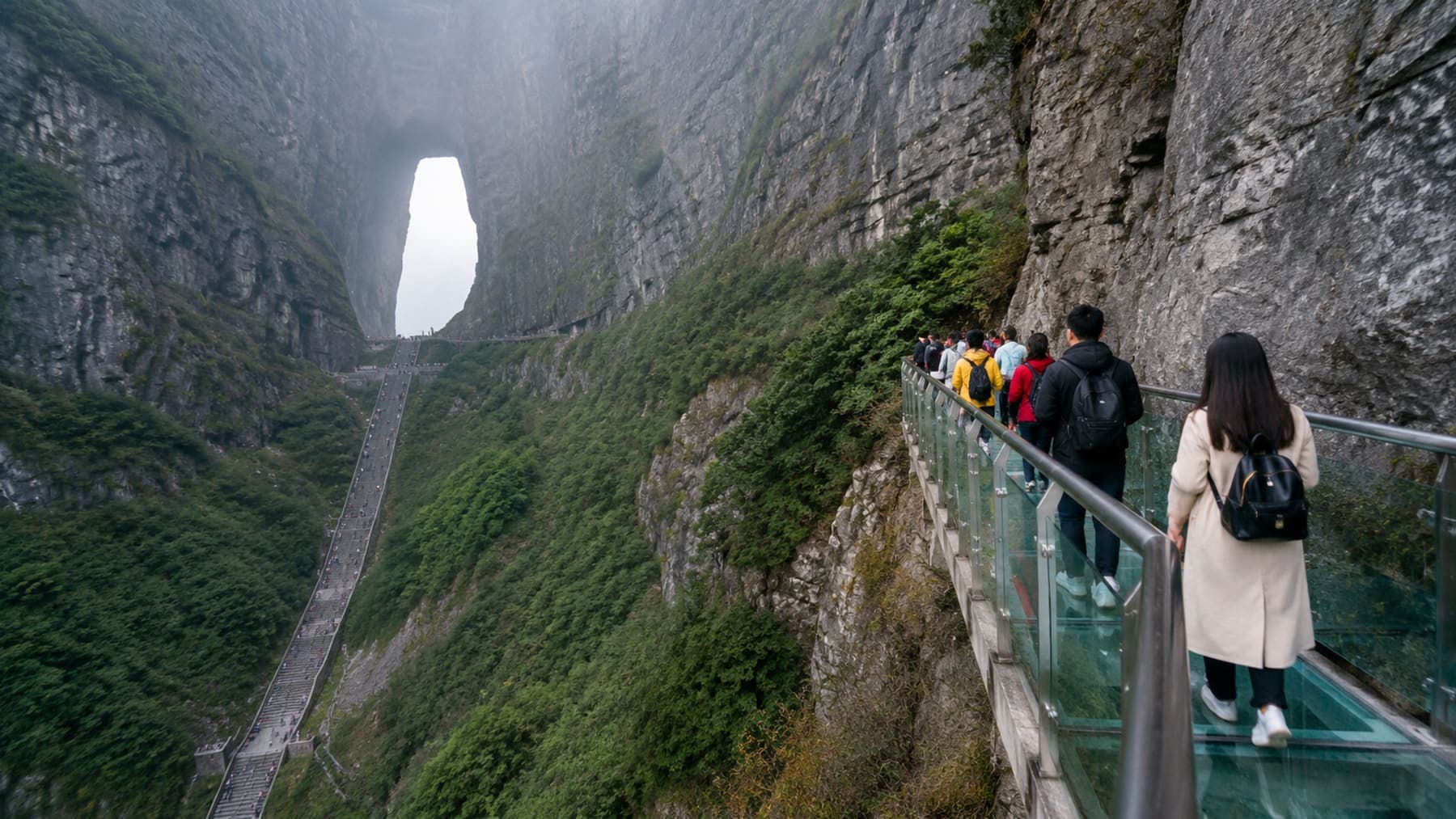 Tianmen Cave and cliffside glass walkway on Tianmen Mountain