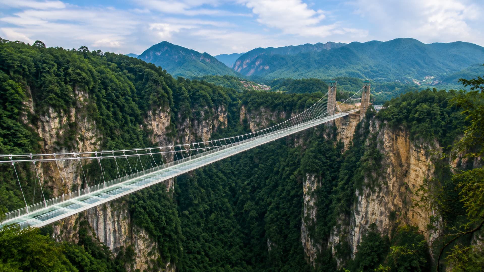 Wide view of Zhangjiajie Grand Canyon glass bridge and cliffs