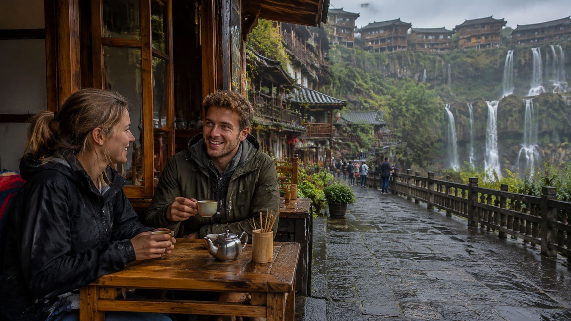 European travelers resting near Furong Town waterfall-side streets