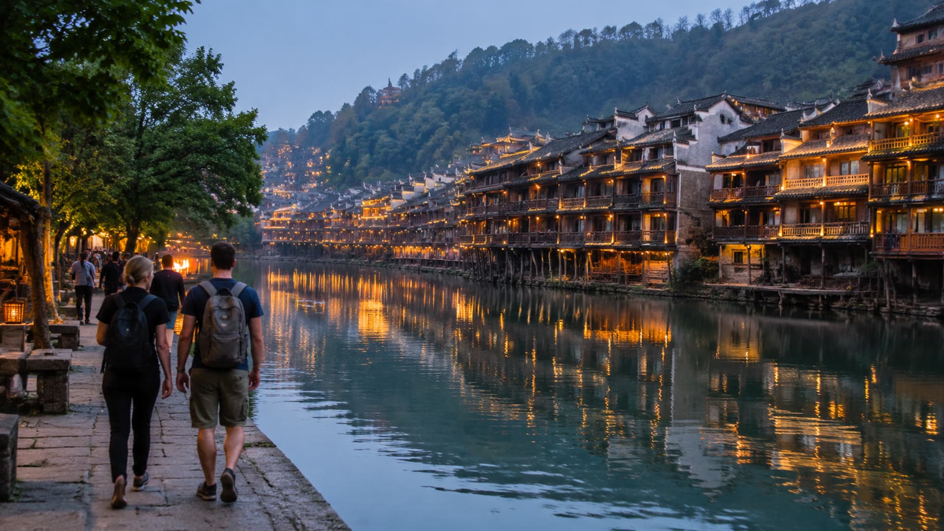 Western Hunan riverside town in evening light