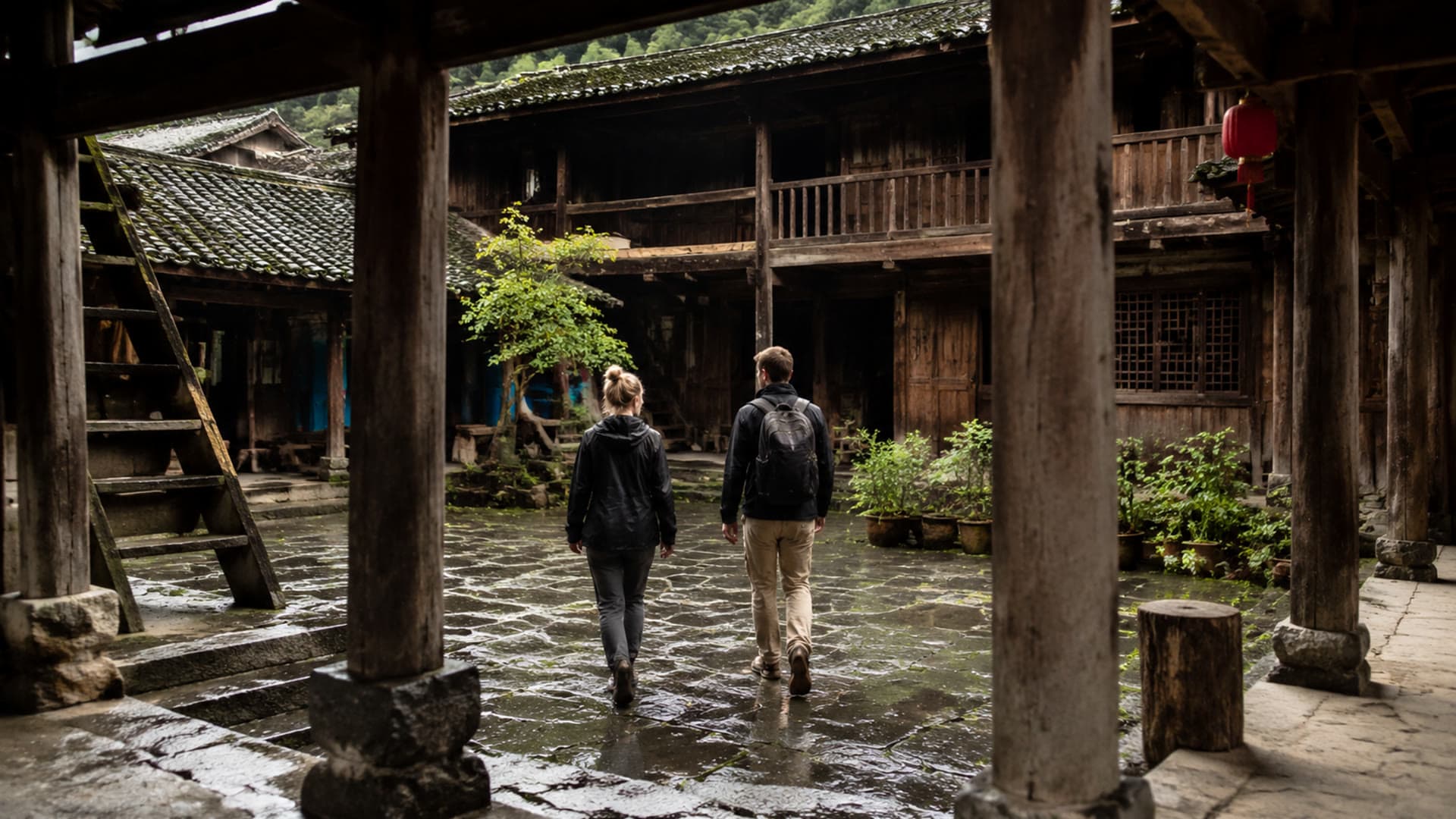 European travelers walking through a Tujia-region wooden courtyard