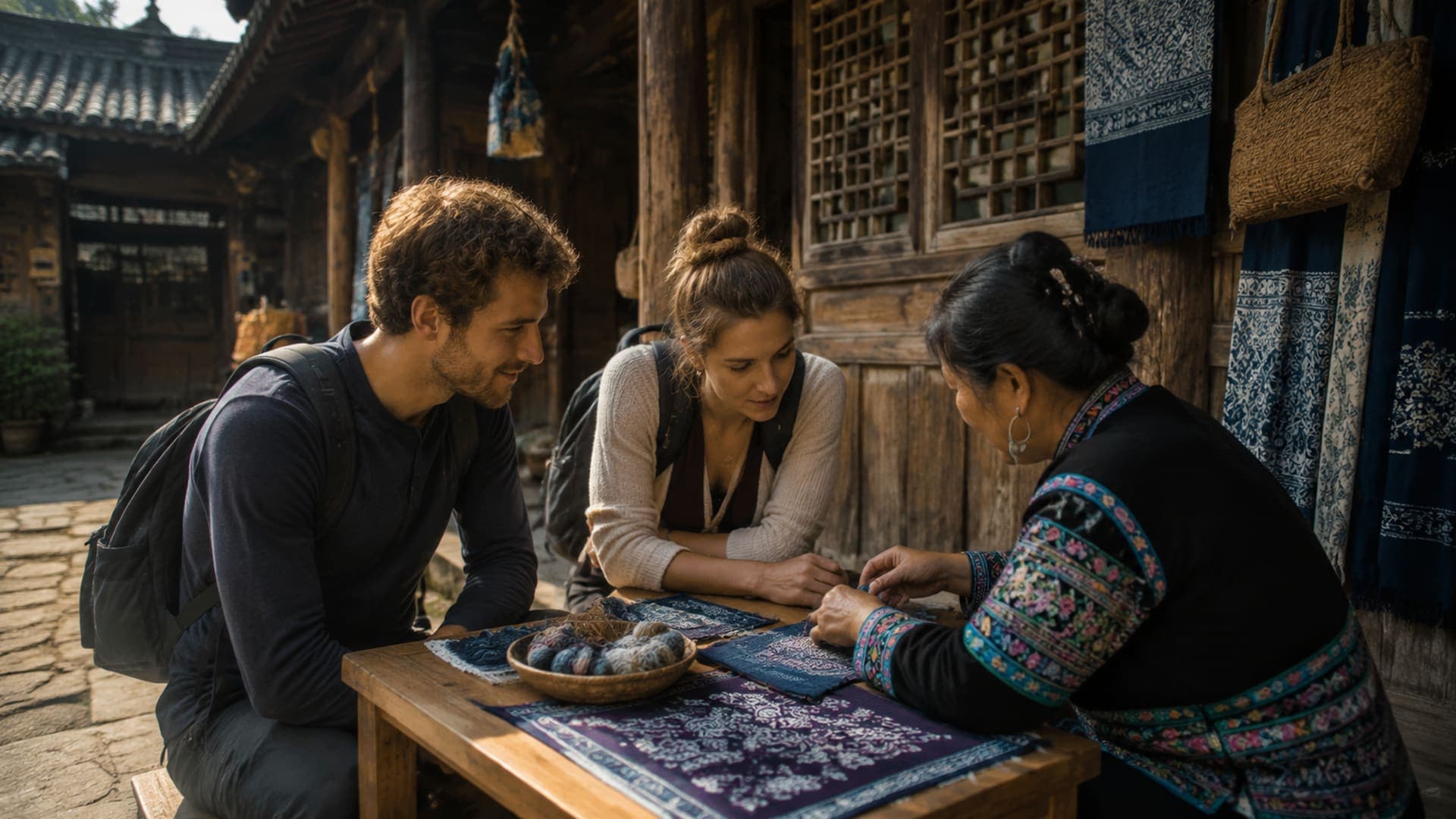 European travelers looking at craft details in a Tujia-region wooden courtyard