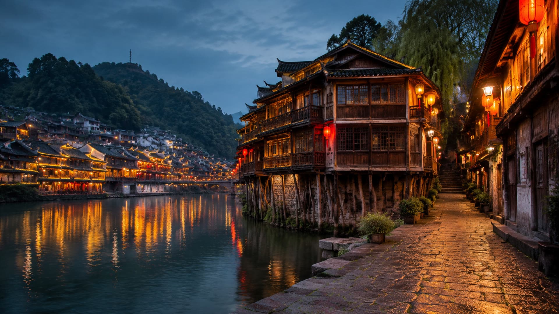 Wooden stilt houses along a western Hunan river