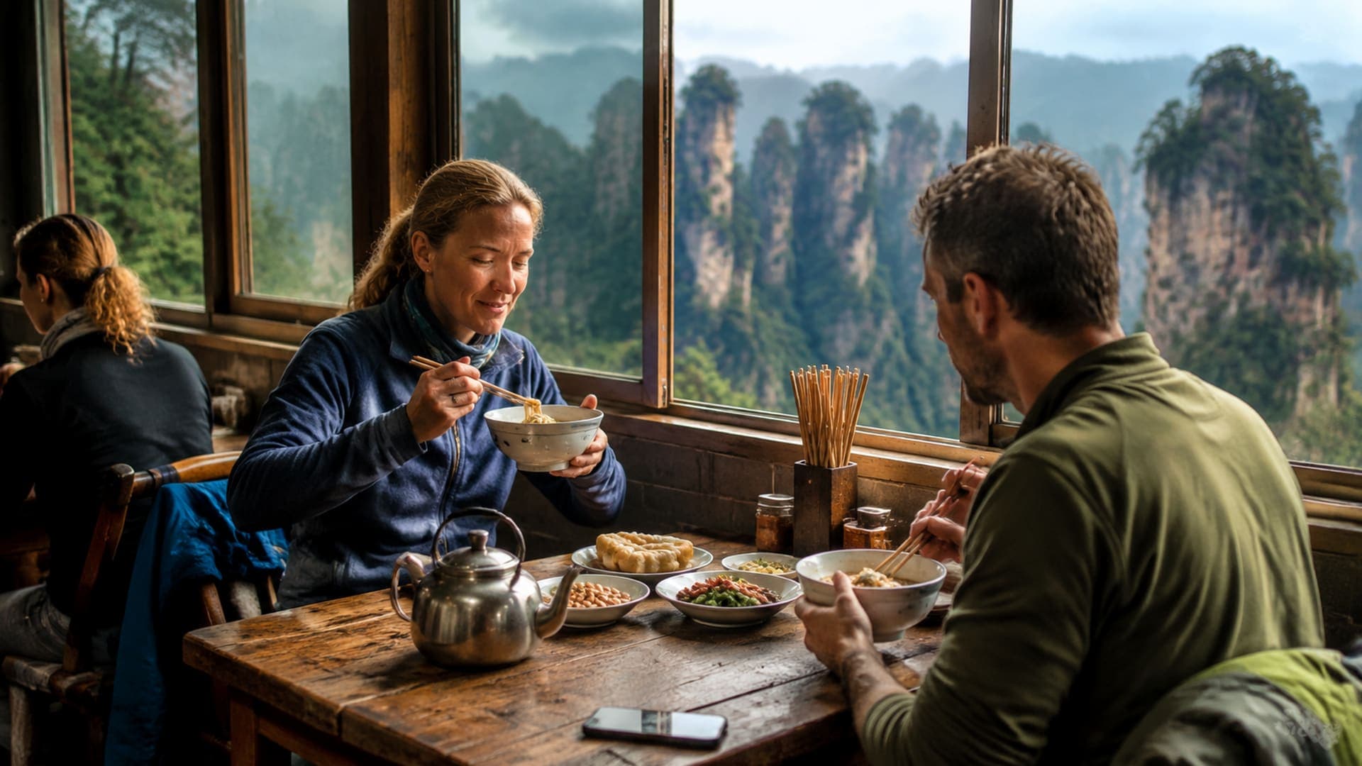 European travelers eating a warm breakfast before a Zhangjiajie mountain day