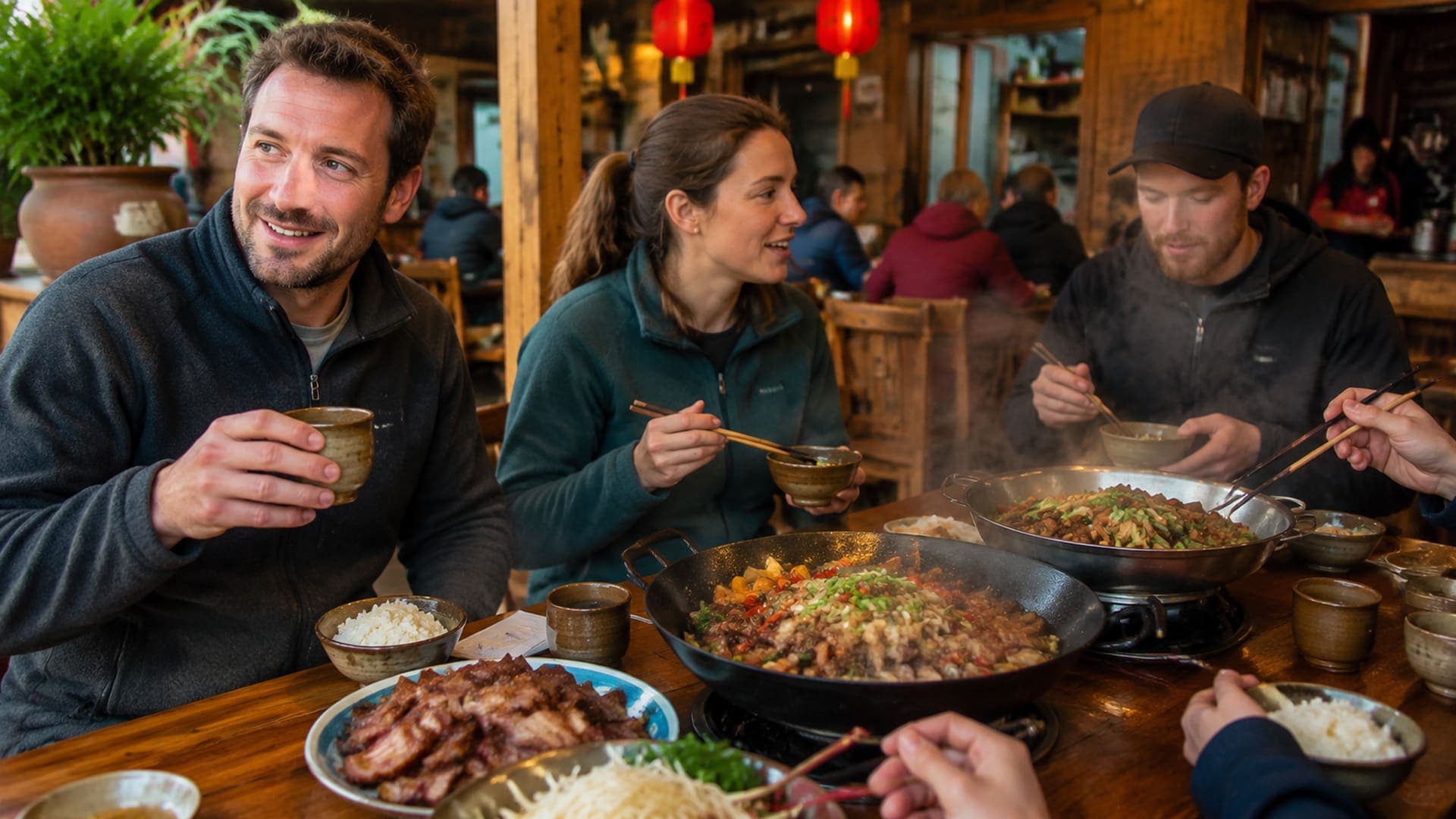 European travelers sharing a warm Zhangjiajie dry-pot style dinner