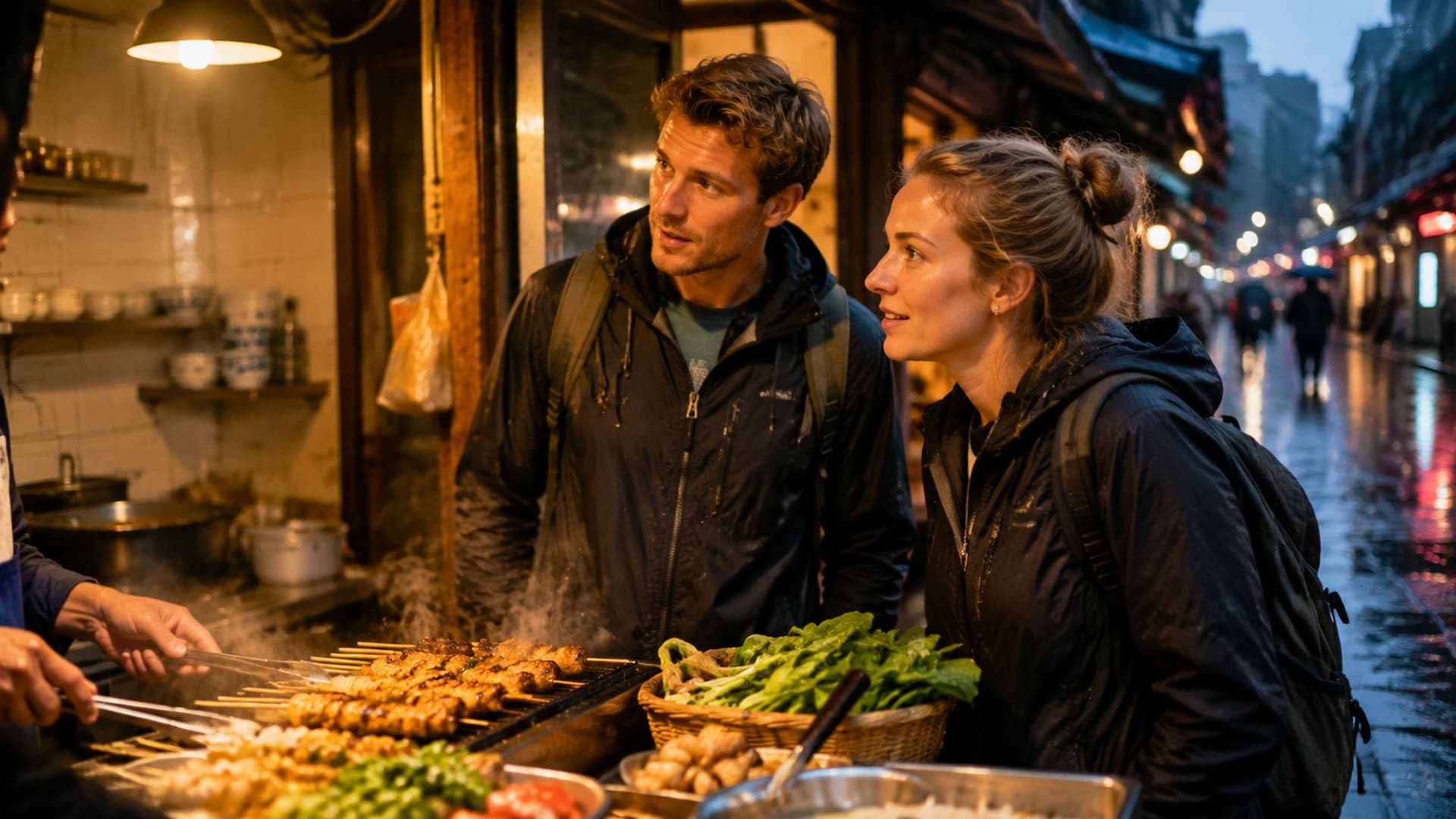 European travelers choosing snacks on a rainy Zhangjiajie evening street