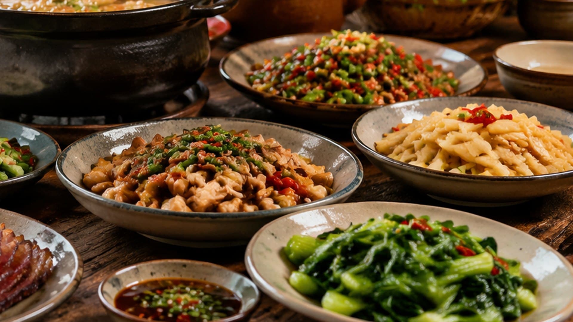 Mountain vegetables and rice on a Zhangjiajie table