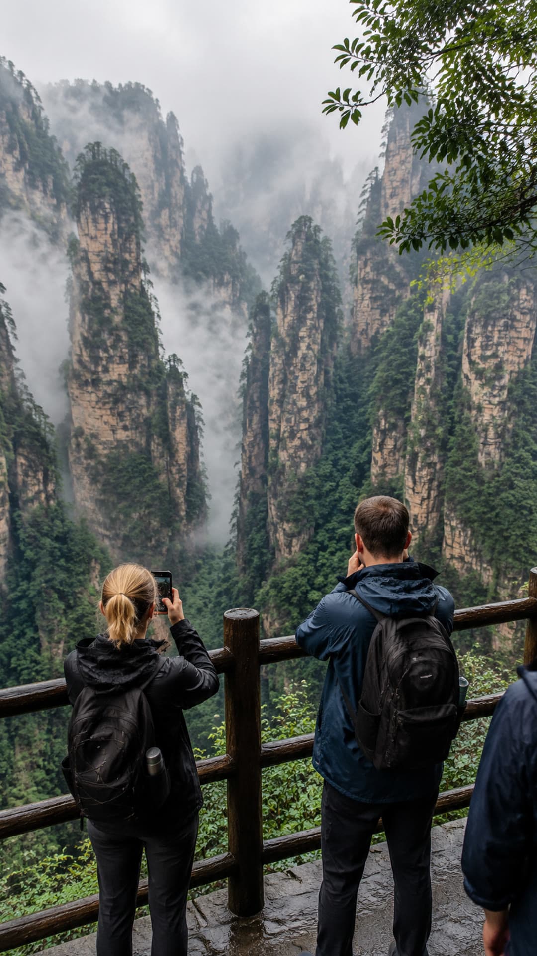 European travelers looking toward misty Zhangjiajie viewpoints