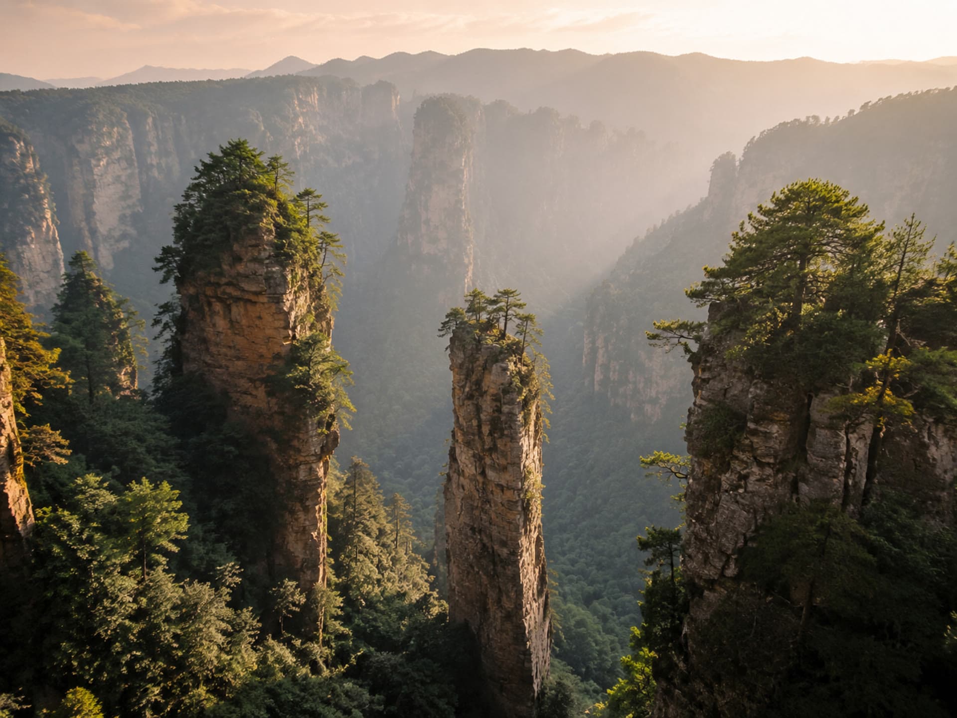 Warm late light on Zhangjiajie sandstone pillars