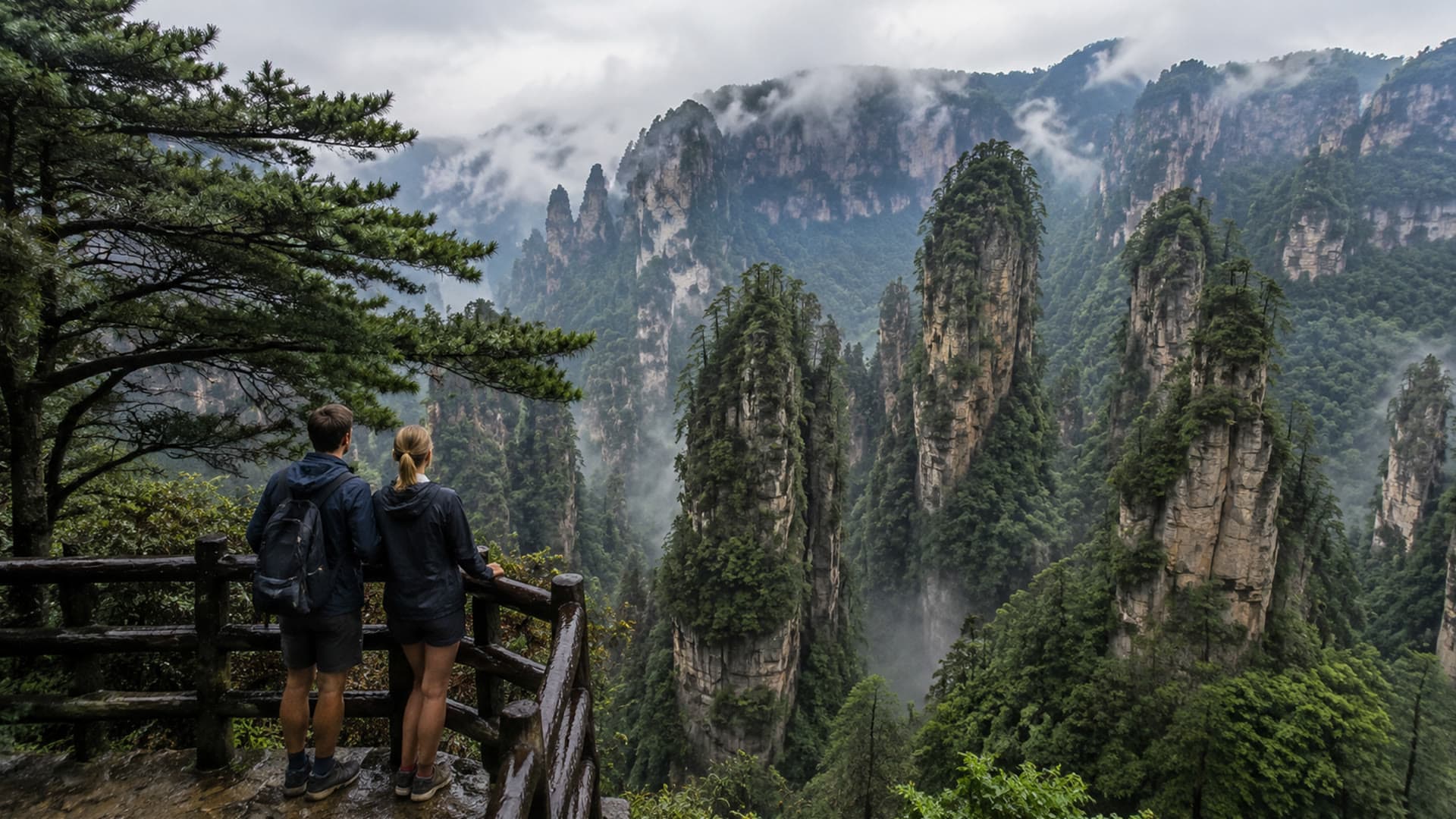 Wulingyuan sandstone pillars with soft morning cloud