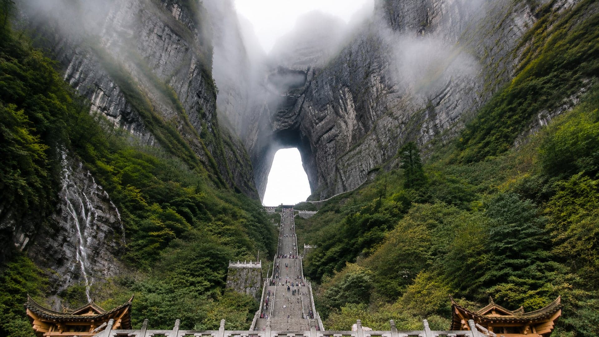 Tianmen Cave stairway and cliffs on Tianmen Mountain