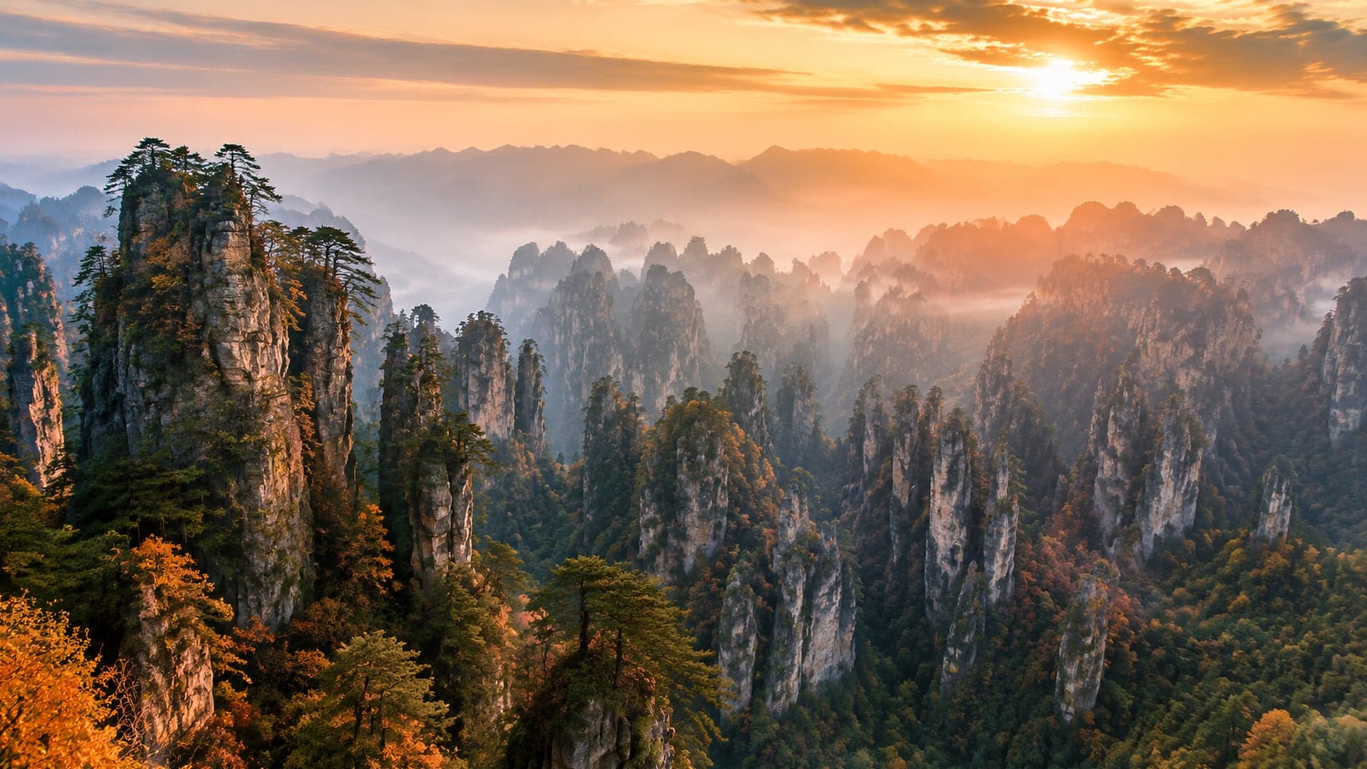 Tianzi Mountain sandstone peaks in warm light