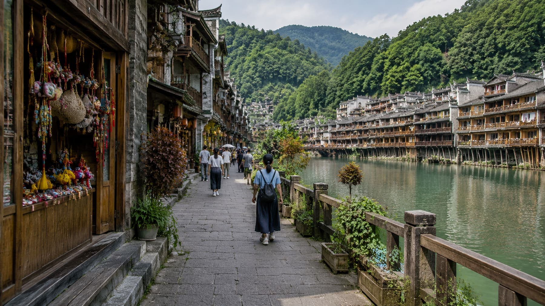 Fenghuang Ancient Town riverside lanes and wooden houses by day