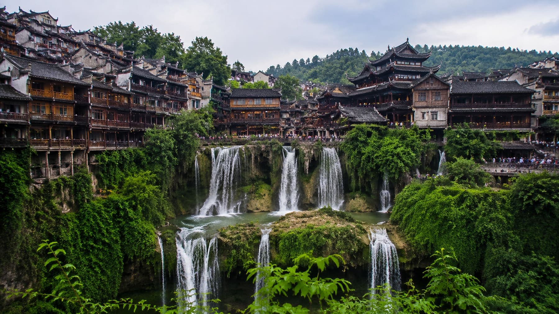 Furong Town built above a waterfall in western Hunan