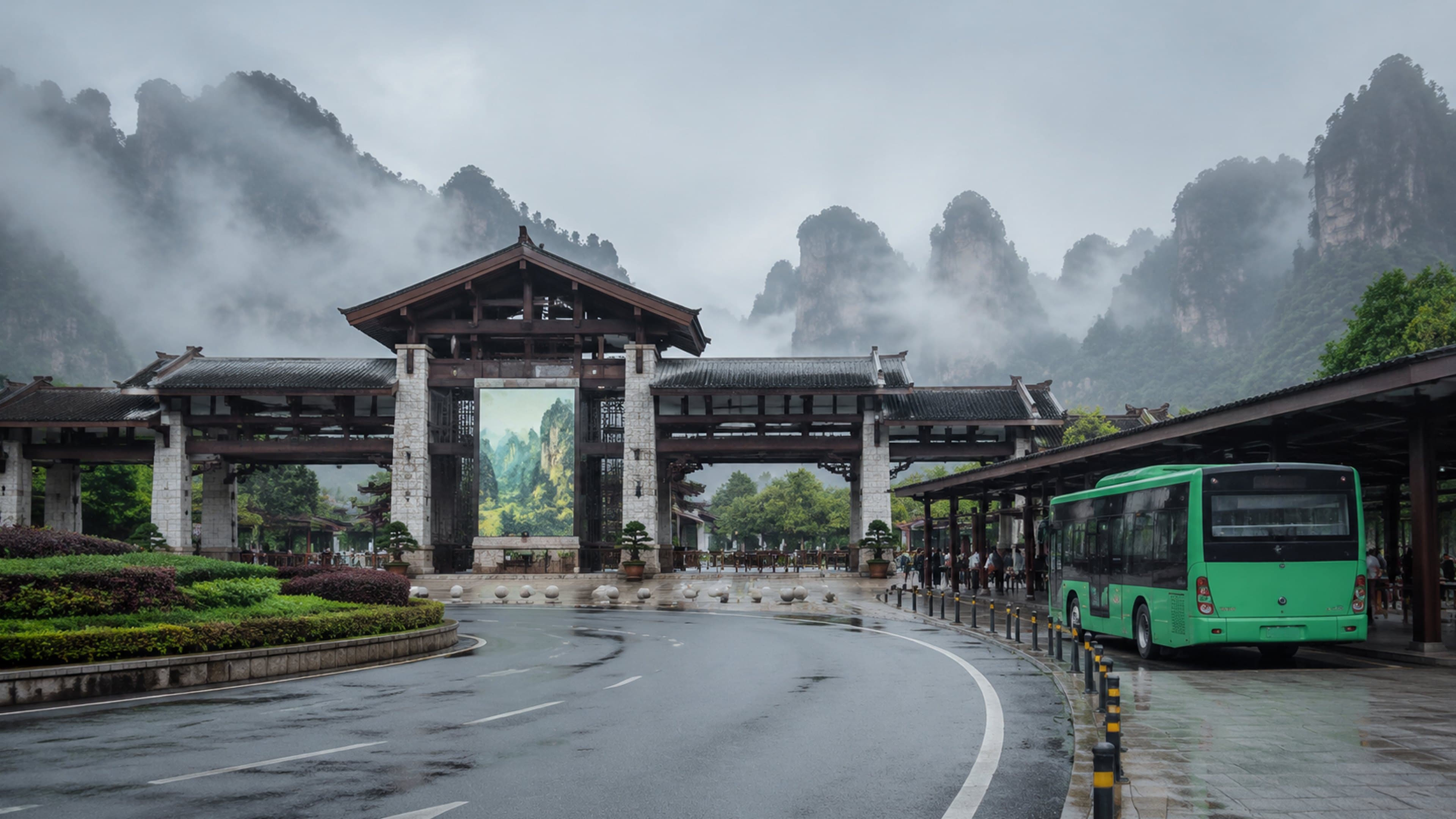 Wulingyuan park entrance and shuttle queue context