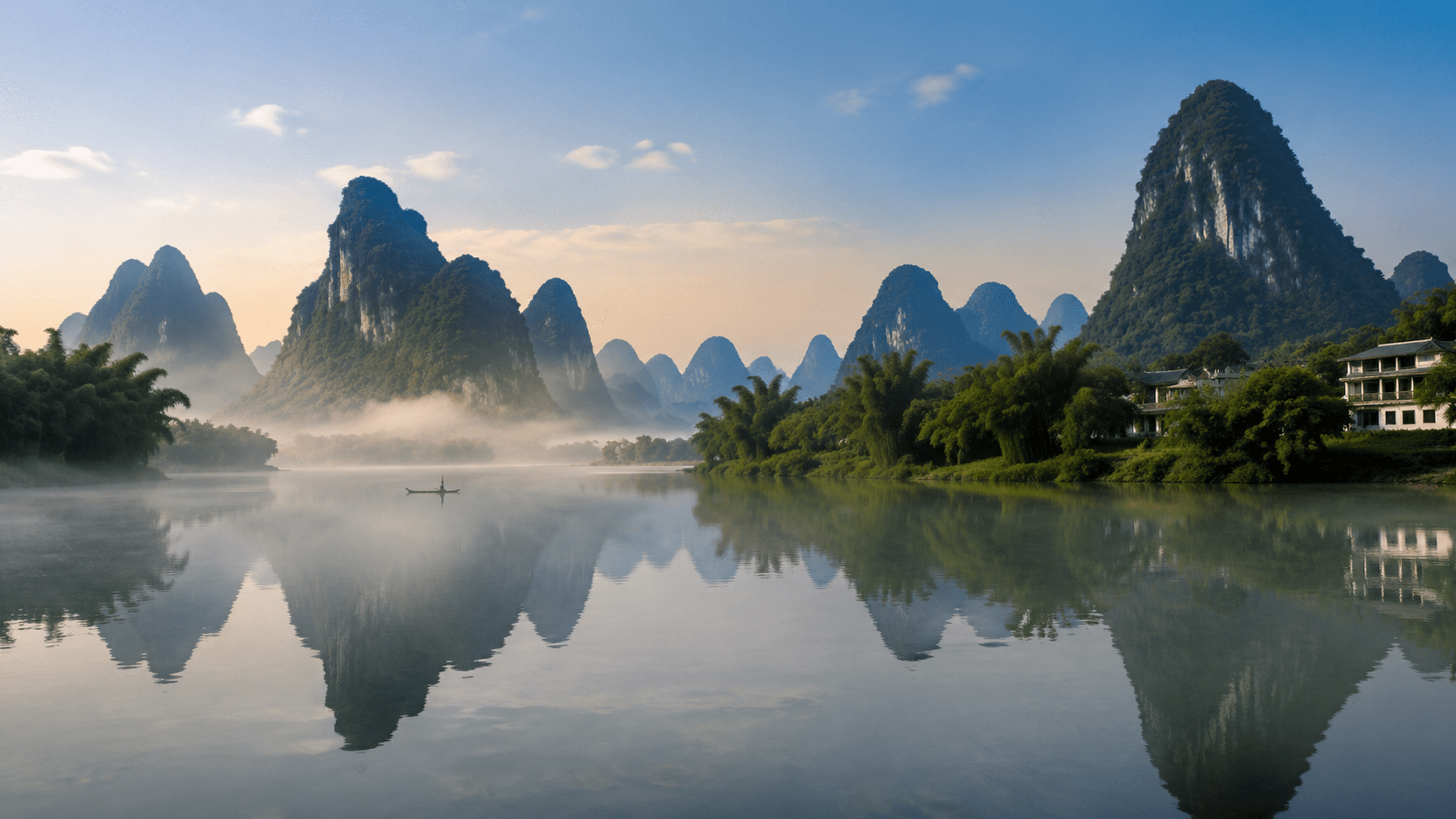 Guilin Li River karst peaks reflected in morning water