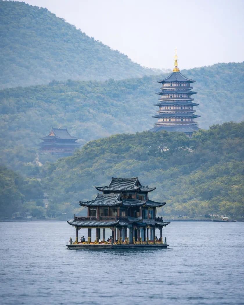 West Lake in Hangzhou framed by fresh spring foliage