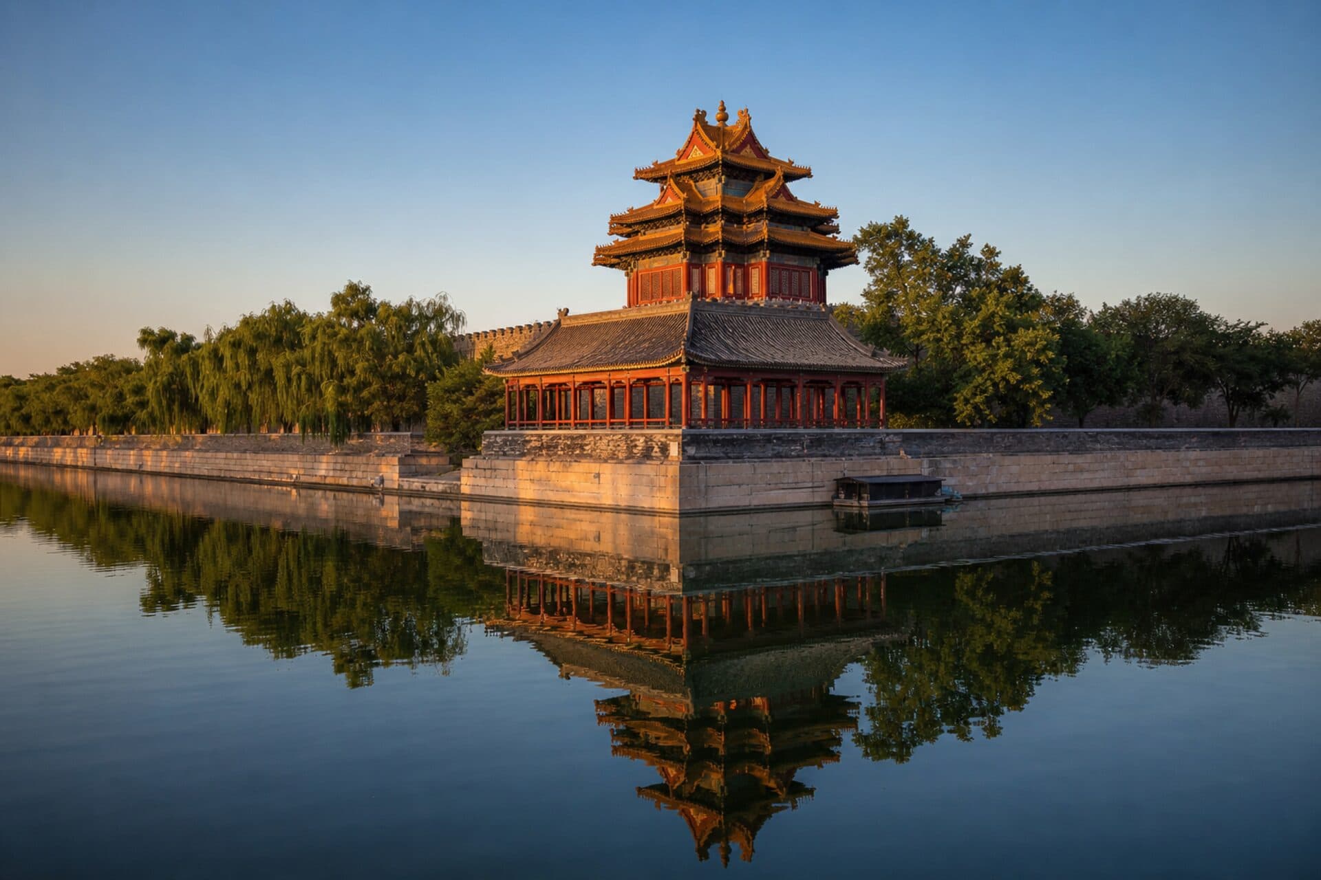 The Forbidden City corner tower reflected in the moat, Beijing
