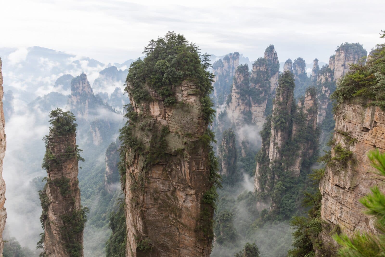 Sandstone pillars of Wulingyuan rising through mist