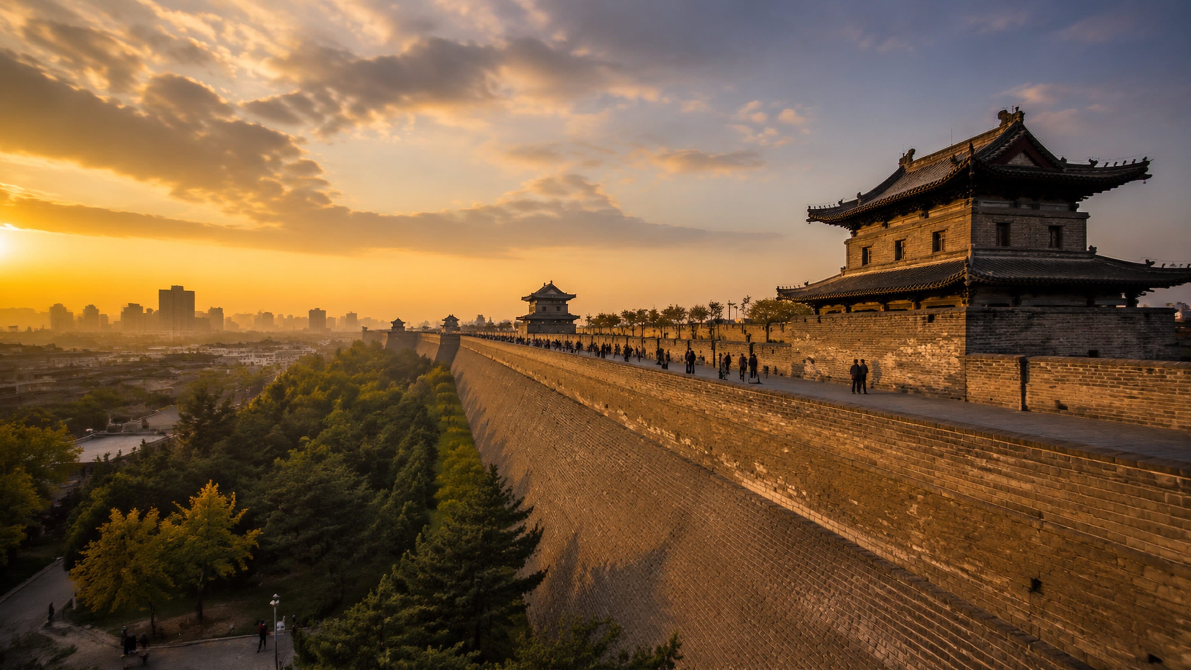 Xi'an city wall at golden hour with old capital scale