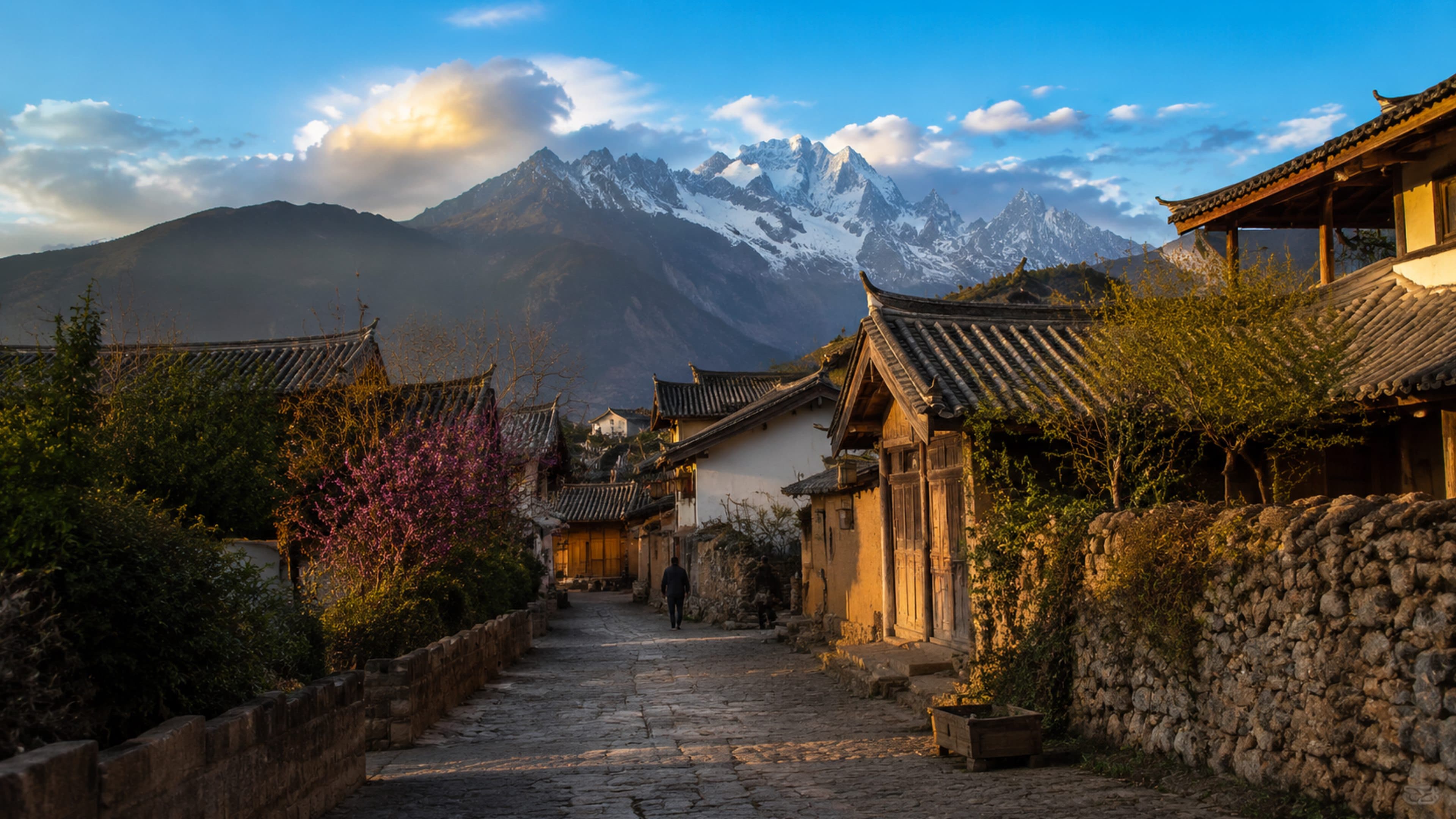 Lijiang village lane with Jade Dragon Snow Mountain light